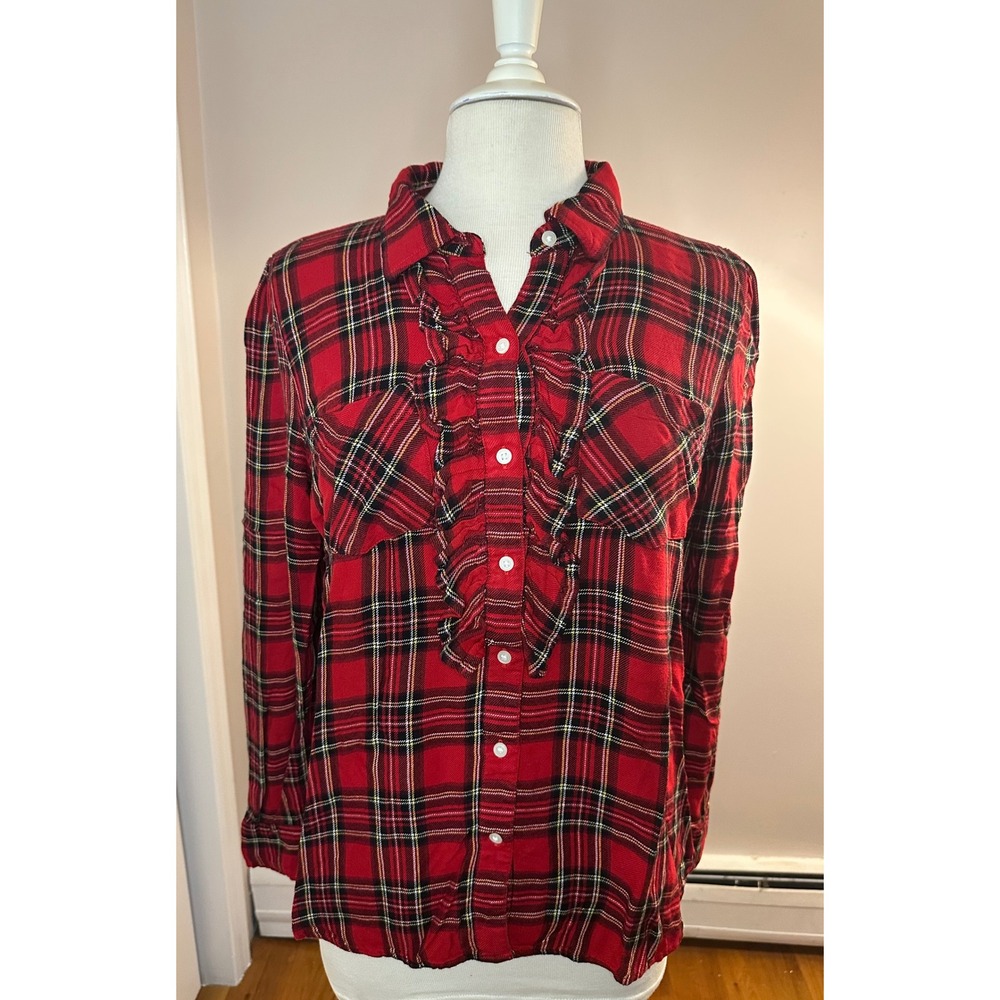 Gap Women Red Plaid Ruffle Front Button Down Flannel Shirt Large Pockets Long Sl